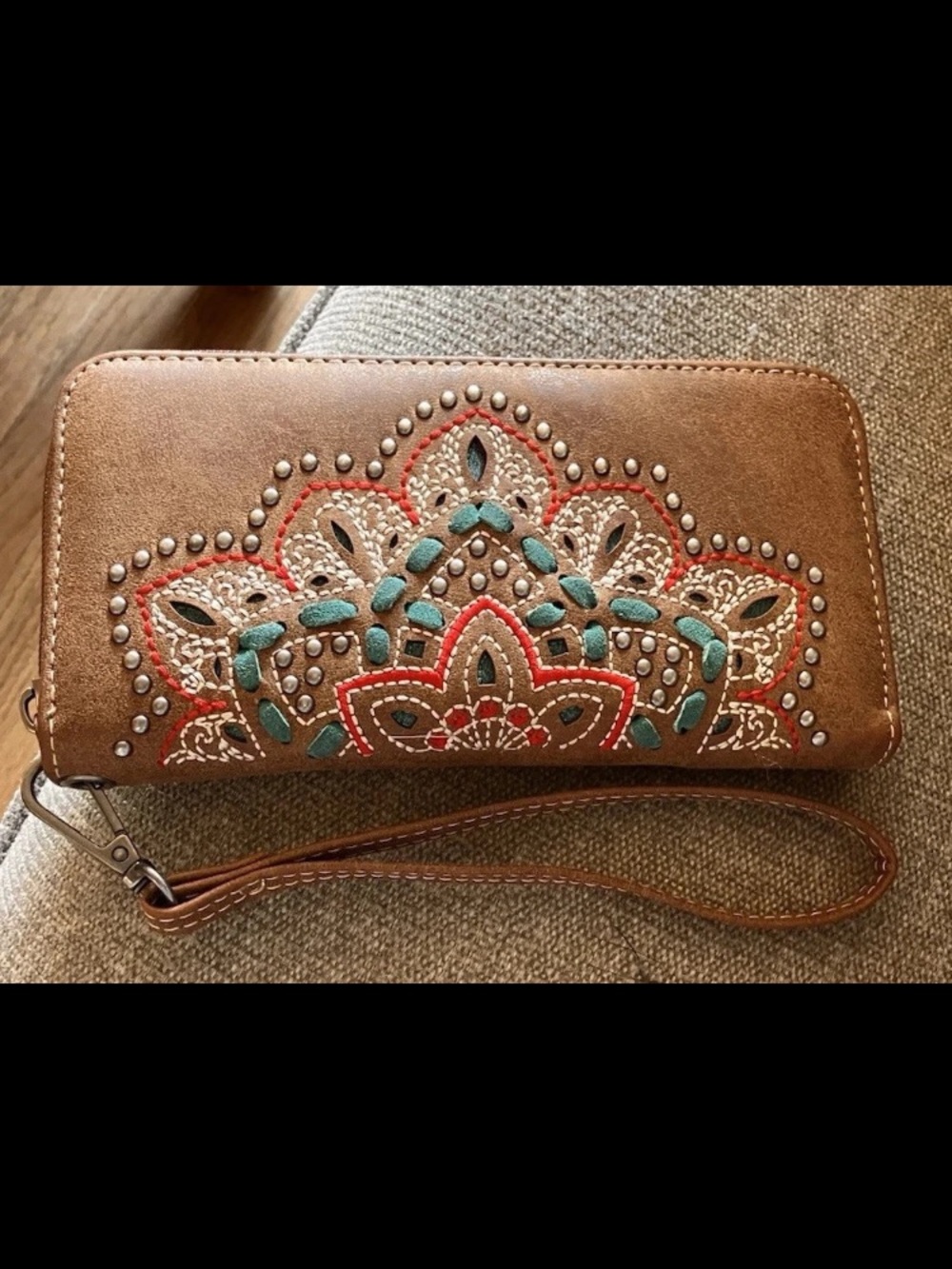 Embroidered Brown Wristlet Wallet with Turquoise Accents